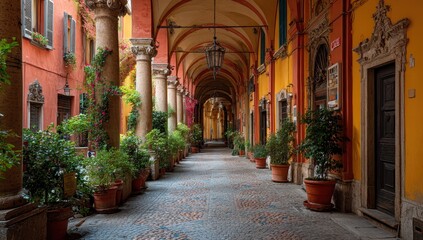 Fototapeta premium Vibrant archway with potted plants in a colorful corridor.
