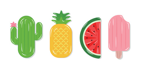 A set of tubes with a summer concept. Colorful illustrations of cactus, pineapple, watermelon, and ice cream shaped tubes.