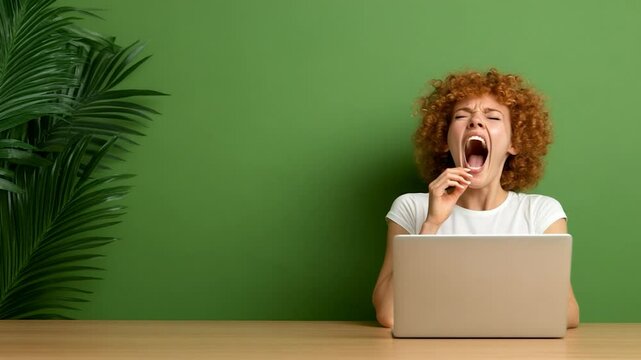 Tired Woman Yawning at Laptop, Green Background