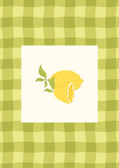  Summer illustration of ripe lemon on green gingham template. Flat style. Mediterranean design template for postcard, poster, flyer, banner, banner, cover.