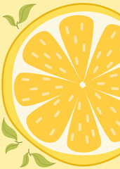 Summer lemon slice poster close up. Flat style. Designer template for postcard, poster, flyer, banner, cover.