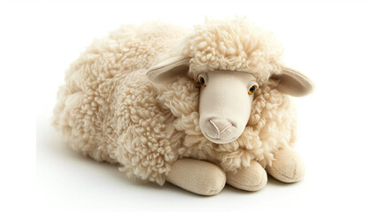 Gentle, fluffy sheep plush toy with a soft wool coat, isolated on a clean white background.
