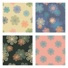 Set of seamless patterns with abstract floral silhouettes in soft and muted colors. Decorative retro-style flowers on contrasting backgrounds. Print for fabric, wallpaper, packaging. Vector 