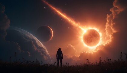 Surreal Cosmic Vista: Silhouette Against Dual Planetary Skies