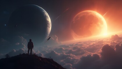 Surreal Cosmic Vista: Silhouette Against Dual Planetary Skies
