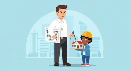 Aspiring Architect Young Boy Shows His House Model to Experienced Architect