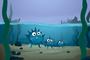 Fototapeta premium Underwater Scene with Funny Spiky Piranhas – Cartoon Fish Characters Exploring the Ocean Floor