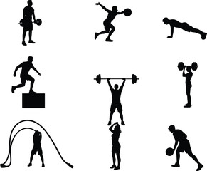 Silhouette Icons of Fitness and Exercise Activities: Weightlifting, Gym Workouts, and Sports Training