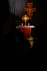 Adoration of the Blessed Sacrament during a Catholic youth event.