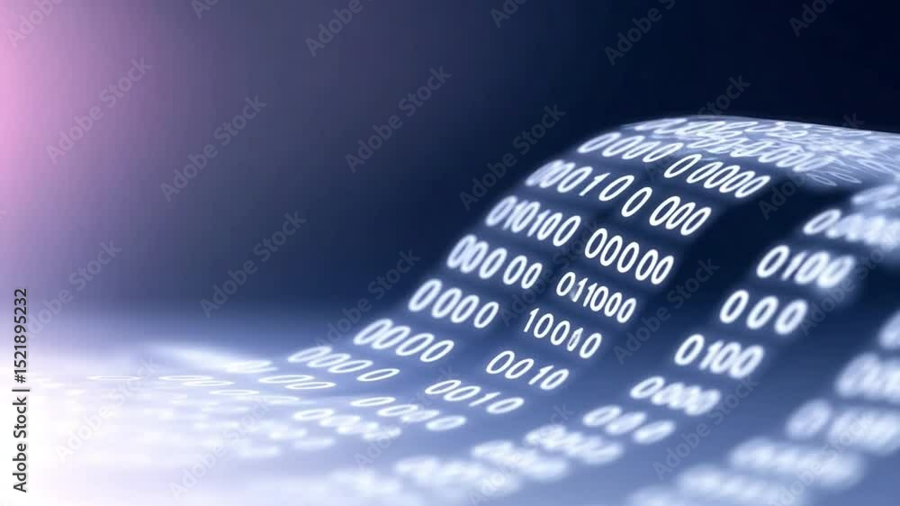 Poster Digital Data Flow: Abstract representation of digital data flowing in a wave-like motion, with glowing binary code.  The image evokes concepts of information technology, data streams.