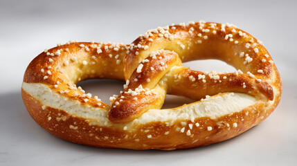 Freshly baked Austrian pretzel with golden crust and coarse salt on a light neutral background