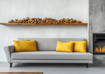 Modern Living Room with Cozy Wooden Firewood Display