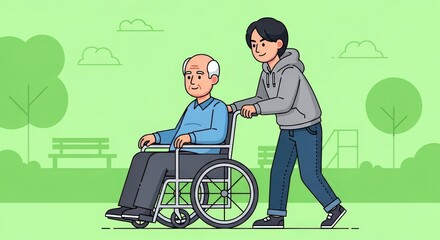 Young Person Assisting Elderly Man in Wheelchair Park Stroll A heartwarming illustration depicting intergenerational care and outdoor accessibility.