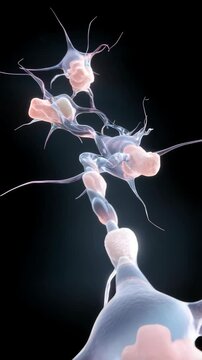 Microscopic depiction of activated platelets interacting within a bloodstream for hemostasis and inflammation, black background.