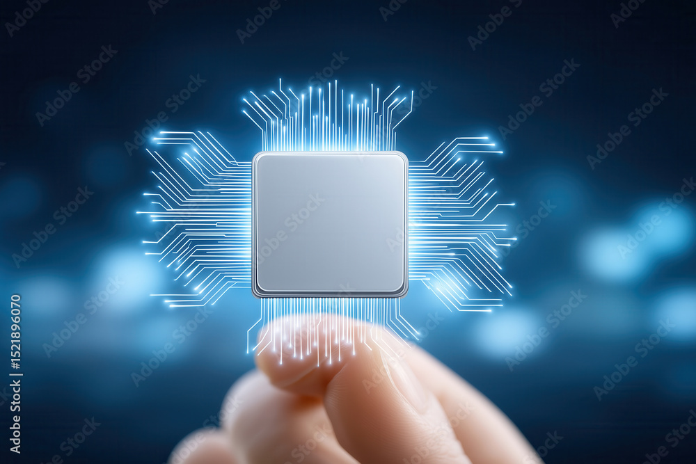 Aufkleber microchip held between fingers showcasing intricate circuitry in a blurred background. clear technic