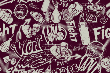 Seamless graffiti-style pattern with boxing gloves, punching bag, dumbbells, kettlebell, helmet, winner belt, lion mouth, tiger jaws, bold slogans, and brick wall background. Vector. Grunge street art