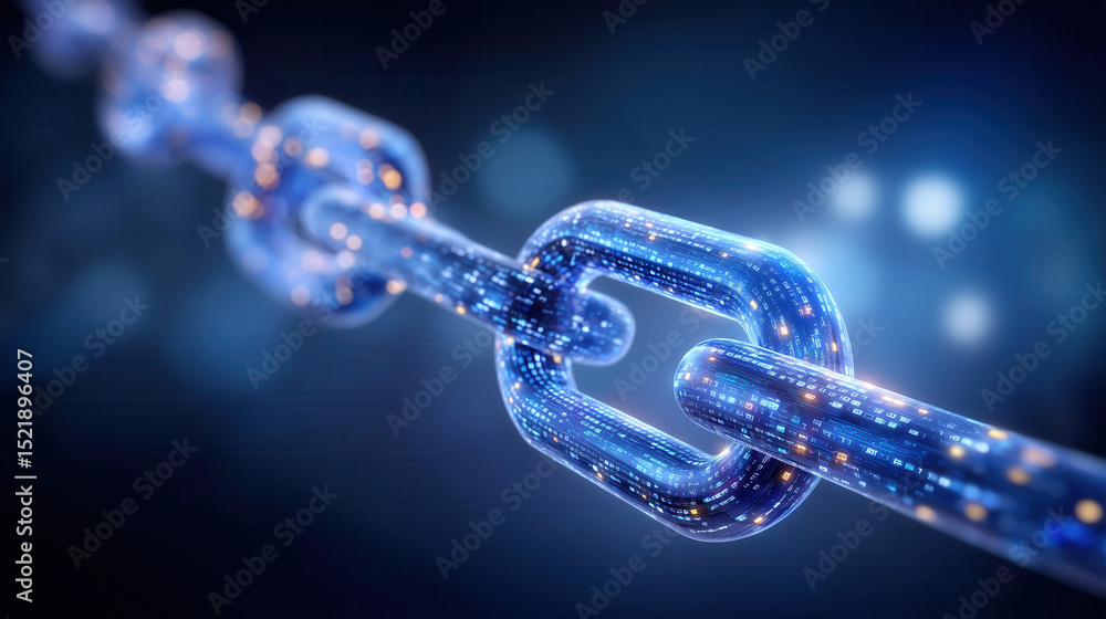 Poster digital blocks connected in a transparent chain represent blockchain technology. dark blue tech back