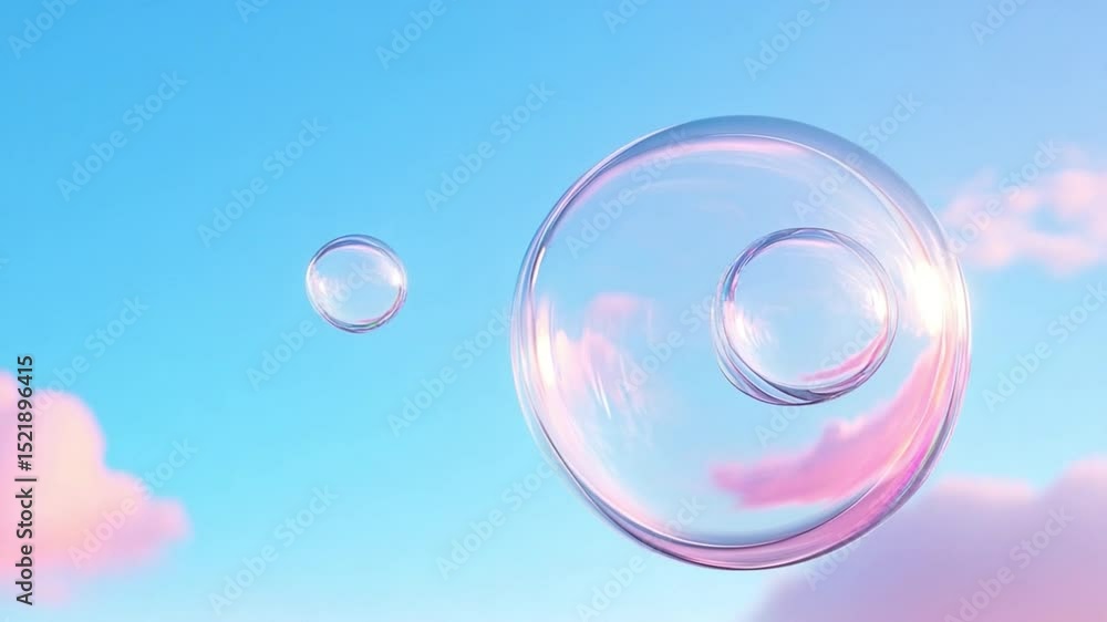 Poster Bubbles in Sky: A whimsical array of transparent soap bubbles floats in a serene blue sky with soft clouds, creating a light and airy atmosphere.