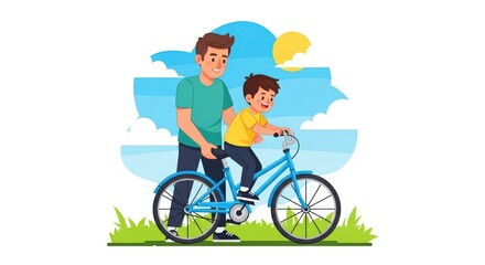 Father Teaching Son to Ride a Bicycle A heartwarming illustration of a dad helping his child learn to ride a bike outdoors, symbolizing childhood memories, family bonds, and the joy of learning.