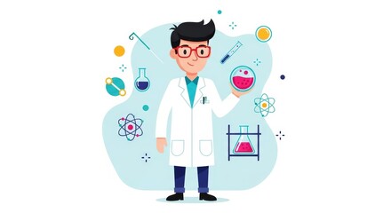 Adorable Cartoon Scientist  Chemistry, Science Experiments, Lab Illustration,  Educational Vector Graphic