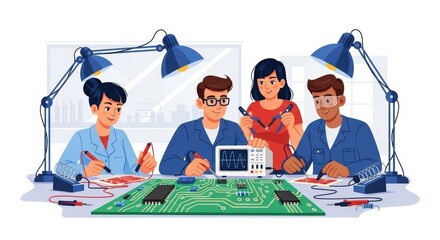 Team of Engineers Collaboratively Working on Circuit Board Design and Development