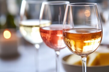 A close-up of three wine glasses, one with rose, the other white and red The background is blurred to emphasize these glassware Generative AI