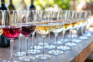 Close-up of wine glasses with red, white, and ros&eacute; wines on a table at a winery or tasting area in the sunlight different styles of white wine, like Chardonnay, Riesling Generative AI