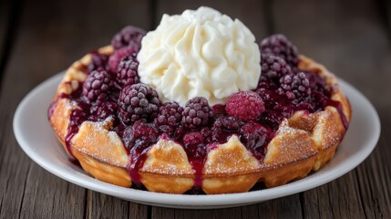 Decadent waffle topped with mixed berry compote and creamy whipped cream presented beautifully on a rustic plate emphasizing indulgent dessert experience and gourmet culinary delight