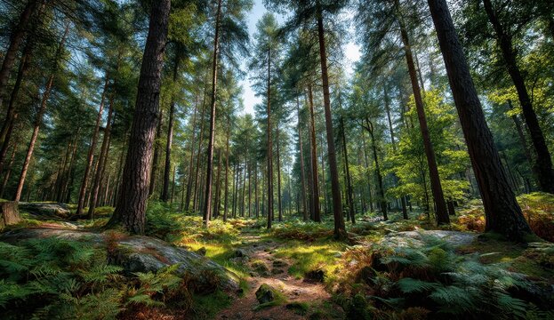 Sunlit forest with tall trees and lush undergrowth. - Powered by Adobe