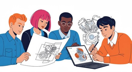 Collaborative Engineering Design Team of Engineers Working on Innovative Engine Project
