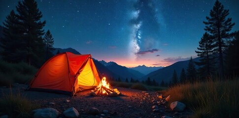 A crackling campfire under a star-filled summer sky, casting warm light on a tent and surrounding nature Perfect for travel, adventure, and relaxation themes , campfire, escape, nature