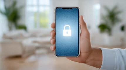 Hand holding mobile phone with illuminated padlock hologram. Clean indoor setting with blurred background during daytime. Concept of mobile security, technology services, cybersecurity businesses
