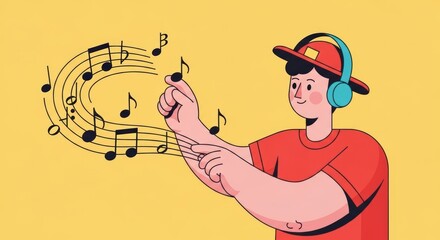 Person Enjoying Music  A Vibrant Illustration of a Young Man Listening to and Interacting with Musical Notes