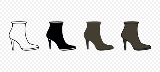 Vector High Heel Boot Icon Set. Vector Ankle Boot in Outline, Silhouette, and Flat Styles. Fashion Boot Symbol for Clothing App, Online Store, Shoe Logo. Trendy Boot Vector Illustration