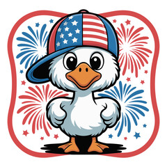 Illustration of a cartoon duckling in baseball caps with a print of the American flag in front of fireworks, symbolizing freedom and independence on a white isolated background. Vector graphics. EPS.