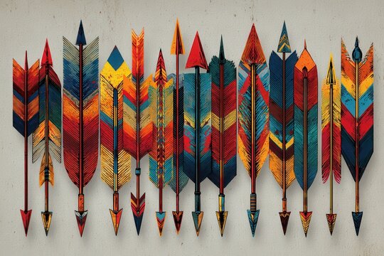 Colorful tribal arrows with intricate patterns and designs.