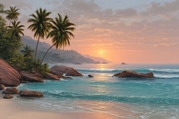 Fototapeta premium Sunset beach scene isolated on white background