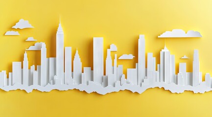 Paper cut cityscape, yellow backdrop