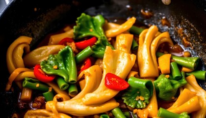 a dish in a skillet filled with chinese stir fried noodles topped with sliced green onions and red peppers, accompanied by what appears to be a protein source, such as chicken or pork, seasoned with a
