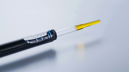Naklejka premium Close-up of a laboratory pH meter probe immersed in a yellow solution, isolated for scientific context.