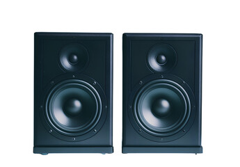 Fototapeta premium wo black bookshelf speakers, front view, on a white background, high-resolution photography.