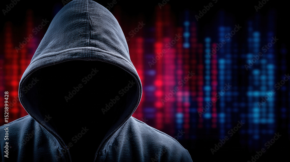 Poster hooded hacker focused on multiple computer screens glowing brightly in a dark room. digital code pro