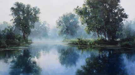 Tranquil morning mist gently rises over a still lake in a calming oil painting, with soft brushstrokes capturing serenity, solitude, silence, and peaceful natural reflections in a wide panoramic lands