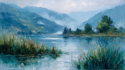 Tranquil morning mist gently rises over a still lake in a calming oil painting, with soft brushstrokes capturing serenity, solitude, silence, and peaceful natural reflections in a wide panoramic lands