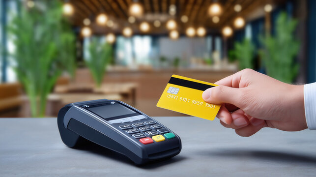 Hand tapping yellow credit card on contactless payment reader. Modern retail environment with blurred background creating clean, minimalistic look