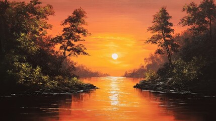 Serene sunset lake landscape with calm reflective water and warm sky tones in an impressionistic oil painting style, ideal for relaxation, mindfulness, and art therapy usage.

