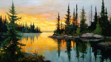 Serene sunset lake landscape with calm reflective water and warm sky tones in an impressionistic oil painting style, ideal for relaxation, mindfulness, and art therapy usage.

