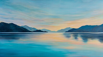 Serene sunset lake landscape with calm reflective water and warm sky tones in an impressionistic oil painting style, ideal for relaxation, mindfulness, and art therapy usage.

