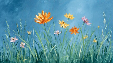 Tranquil summer meadow with blooming wildflowers and serene blue sky, captured in soft flowing oil painting brushstrokes, evoking calmness, nature, and seasonal beauty
