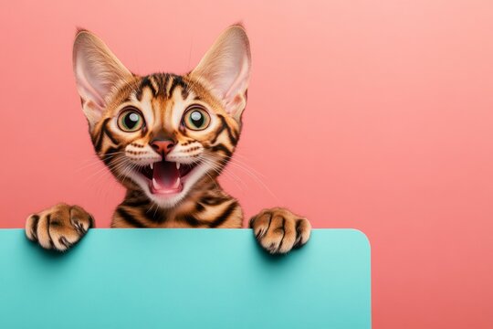 Isolated baby feline on a solid suit pink background. Ð¡ute cat egyptian mau hold in front paws a template - large blue lane sign. Cute feline banner. Cat in display ad. Promo animal expression.
